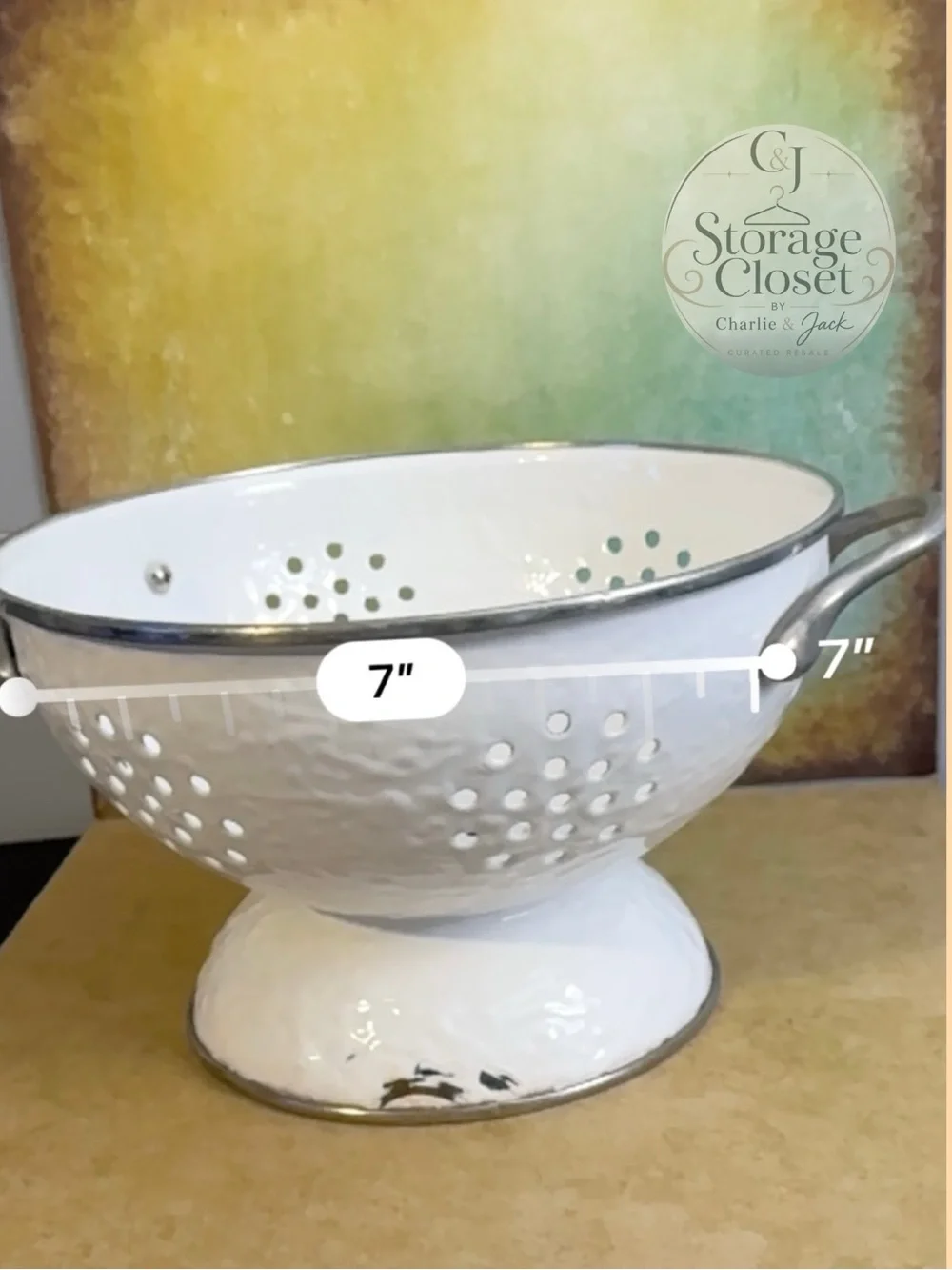 White Enamel Colander with Pedestal and Handles - Rustic Kitchen Strainer